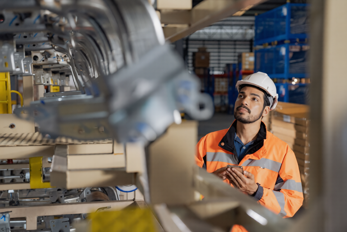 A field engineer poses in front of Stretch in a warehouse