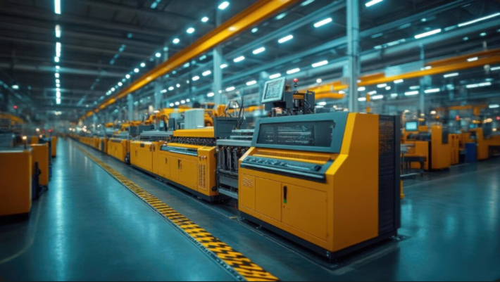 Stretch robot having placed a cardboard box from a conveyor belt captured from a low angle